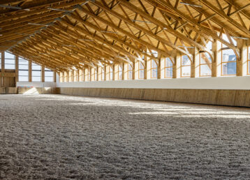 Empty spacious riding hall interior view. Sunlight through windo