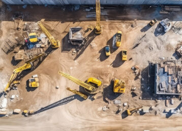 Aerial top view of construction site with cranes